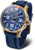 Herrenuhr mit blauem Zifferblatt, goldfarbenem Gehäuse und blauem Silikonarmband