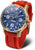 Herrenuhr mit blauem Zifferblatt, goldfarbenem Gehäuse und rotem Silikonarmband