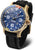 Herrenuhr mit blauem Zifferblatt, goldfarbenem Gehäuse und schwarzem Silikonarmband