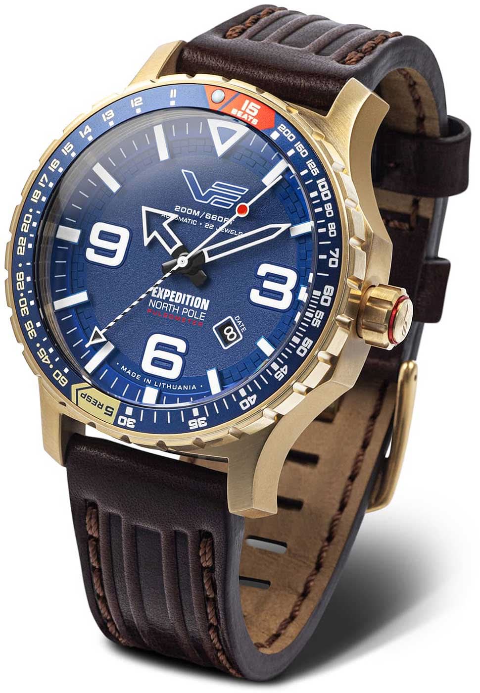 Herrenuhr mit blauem Zifferblatt, goldfarbenem Gehäuse und braunem Lederarmband