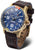 Herrenuhr mit blauem Zifferblatt, goldfarbenem Gehäuse und braunem Lederarmband
