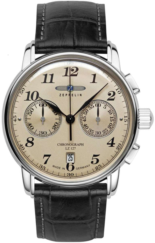 Herrenuhr, Chronograph mit beigem Zifferblatt und Lederarmband - Zeppelin Modell: 7678-5