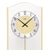 Wanduhr-Zifferblatt mit Ziffern und Zeigern, gelbes Innenfeld und Messingpendel