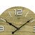 Nahaufnahme Wanduhr: Holz-Optik-Ziffernblatt mit Metallziffern, anthrazit Zeigern