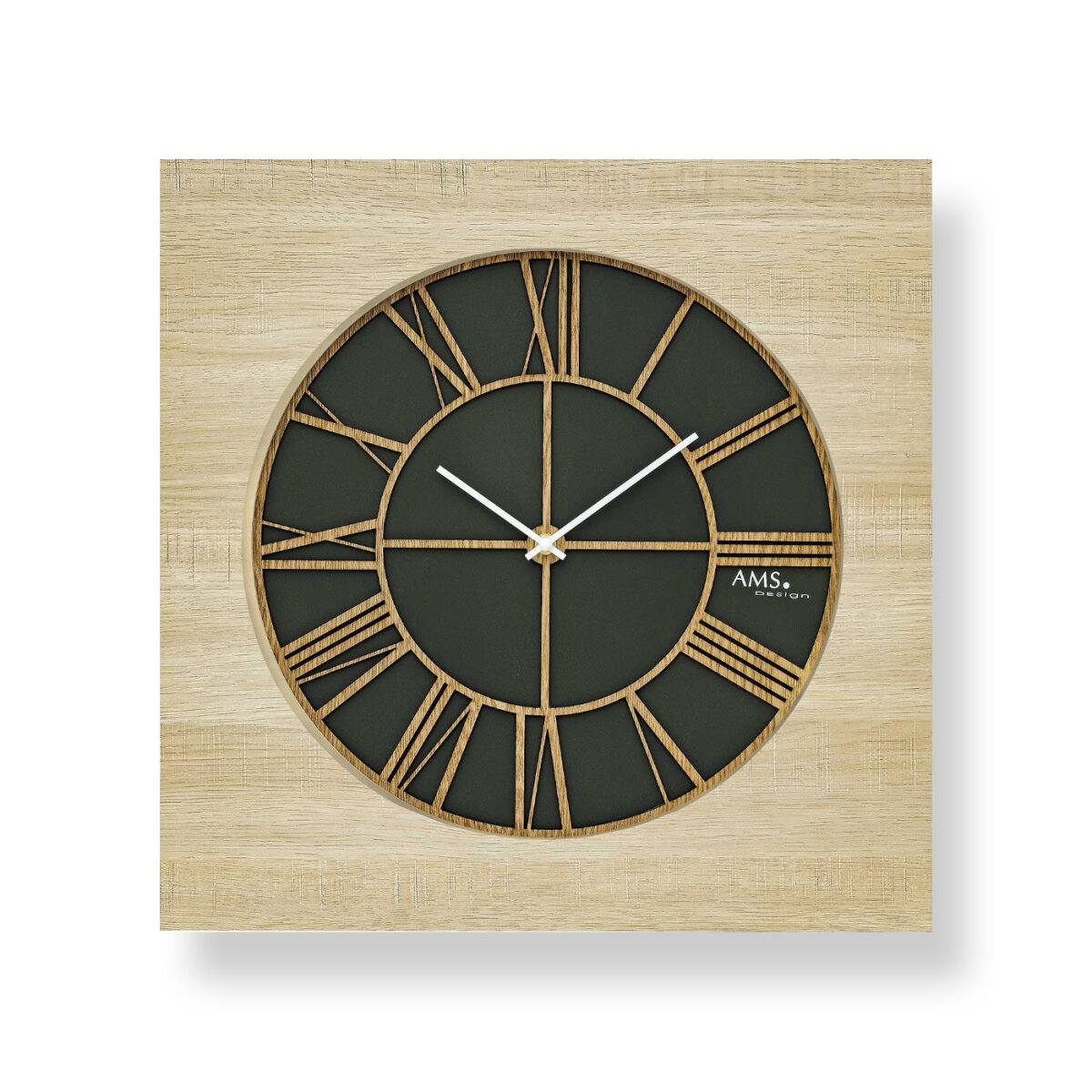 AMS 9641 Wanduhr | Klassisches Design | Quarzwerk | Römische Ziffern | Holzdesign | 50 x 50 cm | Hochwertige Verarbeitung