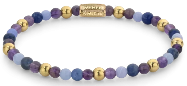 Armband aus Edelsteinen in Lila, Violett und Gold mit Edelstahlverschluss - Rebel&Rose Modell: RR-40064-G-M