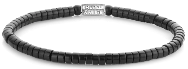 Schwarzes Armband aus scheibenförmigem Blackstone mit Edelstahlverschluss - Rebel&Rose Modell: RR-40073-S-L