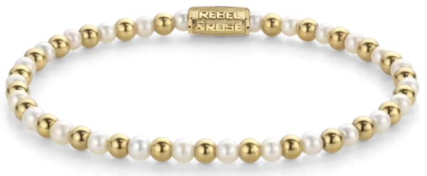 Armband aus 4mm echten Süßwasserperlen und goldfarbenen Steinen mit Edelstahlverschluss - Rebel&Rose Modell: RR-40126-G-M
