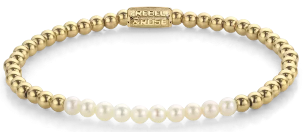 Armband aus 4mm echten Süßwasserperlen und goldfarbenen Steinen mit Edelstahlverschluss - Rebel&Rose Modell: RR-40127-G-M