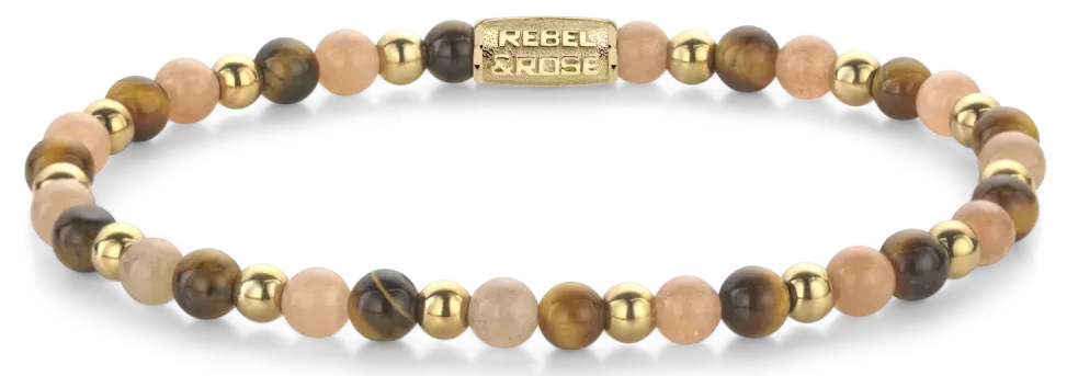 Armband aus 4mm Steinen (Tigerauge, Sonnenstein, goldfarbene Steine) und Edelstahlverschluss - Rebel&Rose Modell: Rr-40140-G-S