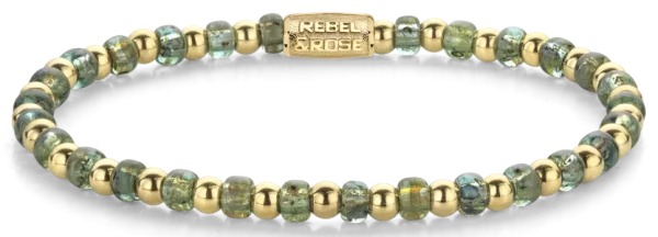 Armband aus 4mm grünen Glassteinen, goldplattierten Edelstahlsteinchen und Edelstahlverschluss - Rebel&Rose Modell: RR-40145-G-M