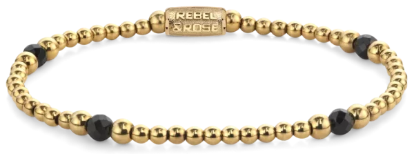 Armband aus 4mm facettierten Black Spinel Perlen, 3 und 4mm großen, goldplattierten Edelstahlsteinchen und Edelstahlverschluss - Rebel&Rose Modell: RR-40151-G-M