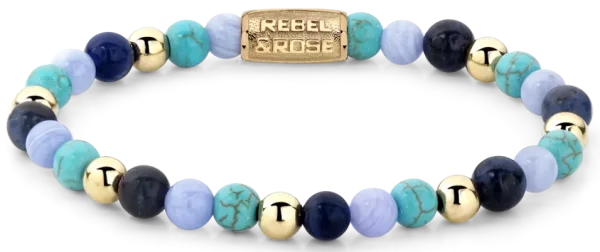 Armband aus 6mm Steinen Sodalit, Turqurenit und Blauer Chalcedon goldfarbene Steine und Edelstahlverschluss - Rebel&Rose Modell: RR-60043-G-M
