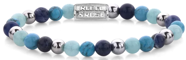 Armband aus 6mm Edelsteinen Sodalit, Turqurenit und Blauer Jade silberfarbene Steine und Edelstahlverschluss - Rebel&Rose Modell: RR-60056-S-S