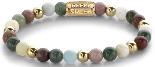 Armband aus 6mm verschiedenfarbigen Edelsteinen und goldfarbene Steine und Edelstahlverschluss - Rebel&Rose Modell: RR-60077-G-M