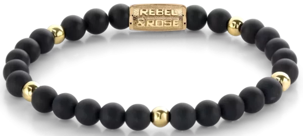 Armband aus 6mm schwarzen und goldfarbenen Steinen mit Edelstahlverschluss - Rebel&Rose Modell: RR-60078-G-M