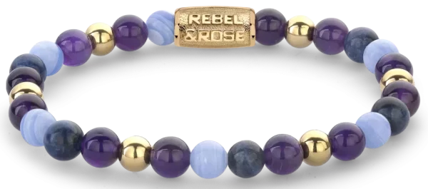 Armband aus 6mm Steinen (Amethyst, Sodalith, Achat, Stahl 18 Karat vergoldet) mit goldplattiertem Edelstahlverschluss - Rebel&Rose Modell: RR-60109-G-S