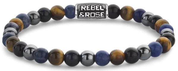 Armband aus 6mm Sodalith, gelbem Tigerauge, blauem Tigerauge und grauem Hämatit Edelsteinen mit grauem Edelstahlverschluss - Rebel&Rose Modell: RR-60110-V-L