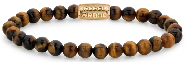 Armband aus 6mm Naturstein in Tigeraugeoptik mit goldplattiertem Edelstahlverschluss - Rebel&Rose Modell: RR-60120-G-M
