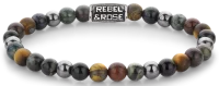 Armband aus 6mm Brekzien-Jaspis, gelbem Tigerauge, blauem Tigerauge, Ryolith und grauem Hämatit Edelsteinen mit grauem Edelstahlverschluss - Rebel&Rose Modell: RR-60128-V-L
