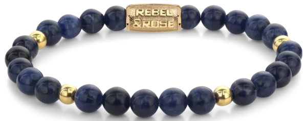 Armband aus 6mm großen blauen Sodalith-Steinen Edelsteinen mit goldplattiertem Edelstahlverschluss - Rebel&Rose Modell: RR-60137-G-M
