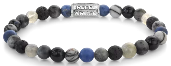 Armband aus 6mm großen Sodalithblau, Achat, Tigeraugeblau, Larvenkitgrau, Labradorit und Lavasteinen mit Edelstahlverschluss - Rebel&Rose Modell: RR-60142-S-M