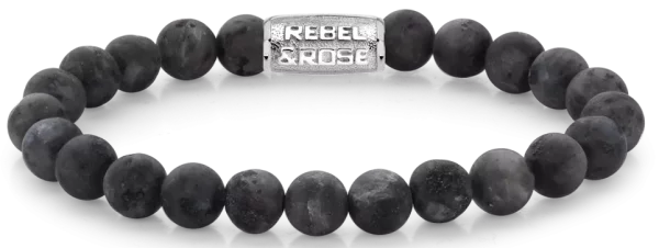 Armband aus 8mm großen Larvikit-Steinen mit Edelstahlverschluss - Rebel&Rose Modell: RR-80025-S-L
