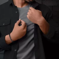 Armband aus 8mm großen Larvikit-Steinen mit Edelstahlverschluss - Rebel&Rose Modell: RR-80025-S-L