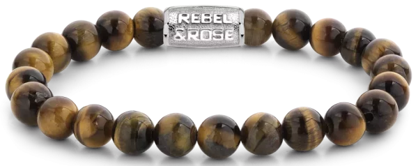 Armband aus 8mm großen Tigerauge-Steinen mit Edelstahlverschluss - Rebel&Rose Modell: RR-80042-S-M