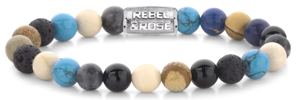 Armband aus 8mm großen Edelsteinen aus Achat, Larvikit, Lavastein, Bild Jaspis, Turqurenit und Fossil mit Edelstahlverschluss - Rebel&Rose Modell: RR-80064-S-L