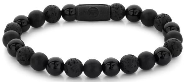Armband aus 8mm großen schwarzen Edelsteinen mit schwarzem Stahlverschluss - Rebel&Rose Modell: RR-80073-B-M