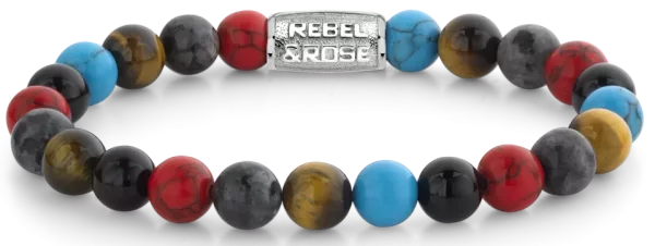 Armband aus 8mm großen bunten Natursteinen mit Edelstahlverschluss - Rebel&Rose Modell: RR-80083-S-M
