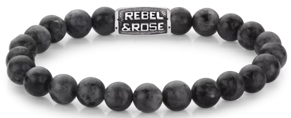 Armband aus 8mm großen schwarzen Larvikit-Edelsteinen mit schwarzem Stahlverschluss - Rebel&Rose Modell: RR-80097-V-M