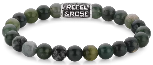 Armband aus 8mm großen dunkelgrünen Moos-Achat-Edelsteinen mit dunkelgrünem Stahlverschluss - Rebel&Rose Modell: RR-80098-V-M