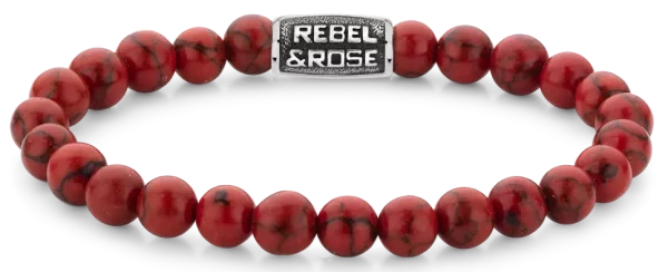 Armband aus 8mm großen roten Edelsteinen mit grauem Edelstahlverschluss - Rebel&Rose Modell: RR-80099-V-L