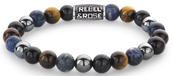 Armband aus 8mm großen Sodalith, gelbem Tigerauge, blauem Tigerauge und grauem Hämatitedelsteinen mit grauem Edelstahlverschluss - Rebel&Rose Modell: RR-80100-V-M