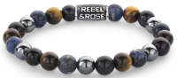 Armband aus 8mm großen Sodalith, gelbem Tigerauge, blauem Tigerauge und grauem Hämatitedelsteinen mit grauem Edelstahlverschluss - Rebel&Rose Modell: RR-80100-V-M