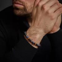 Armband aus 8mm großen Sodalith, gelbem Tigerauge, blauem Tigerauge und grauem Hämatitedelsteinen mit grauem Edelstahlverschluss - Rebel&Rose Modell: RR-80100-V-M