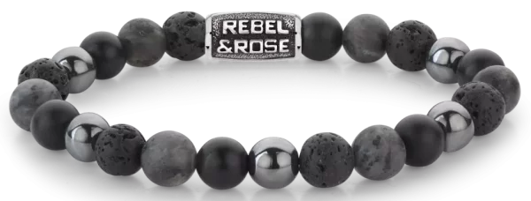 Armband aus 8mm großen schwarzen Onyx-, Lava-, Larvakit- und Hämatitsteinen mit grauem Edelstahlverschluss - Rebel&Rose Modell: RR-80105-V-M