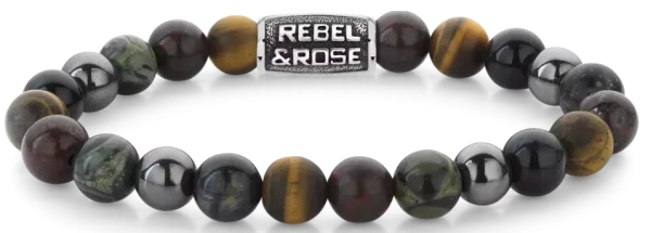 Armband aus 8mm großen Steinen in Tigerauge-Blau, Tigerauge-Gelb, Brekzien-Jaspis, Ryolith und Hämatit-Grau mit grauem Edelstahlverschluss - Rebel&Rose Modell: RR-80106-V-M