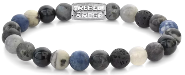 Armband aus 8mm großen Sodalithblau, Achat, Tigeraugeblau, Larvenkitgrau, Labradorit und Lavasteinen mit Metallverschluss - Rebel&Rose Modell: RR-80114-S-L
