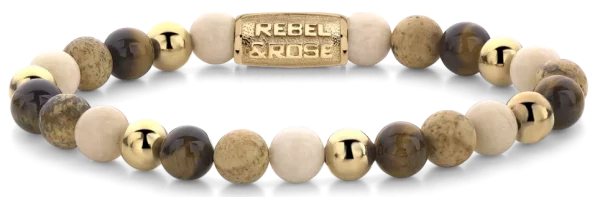 Armband aus 6mm großen Edelsteinen Fossil, Bild Jaspis und Tigerauge gelb mit Metallverschluss - Rebel&Rose Modell: RR-60044-G-S