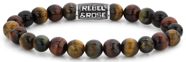 Armband aus 8mm großen Edelsteinen Tigerauge mit Metallverschluss - Rebel&Rose Modell: RR-80095-V-L