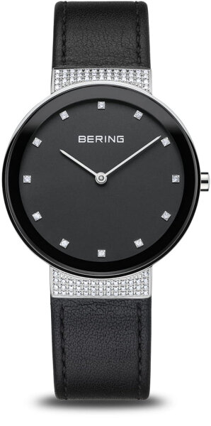 BERING Damenuhr, schwarzes Zifferblatt, Lederarmband, poliertes Edelstahlgehäuse, Swarovski Kristalle "Modell": 10135-4025
